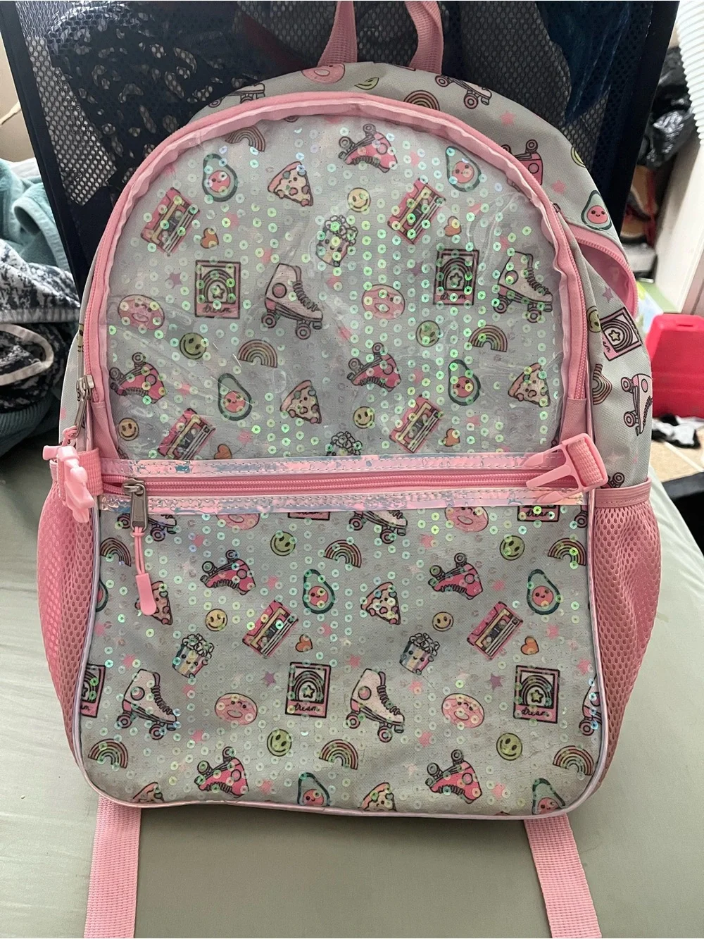Target Pink Kids Backpack with Sequins, Avocado & Roller Skate Patches